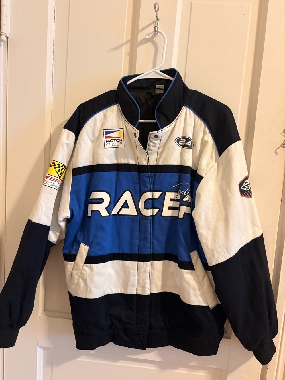 H&M Blue, White & Black Racer Patch Jacket